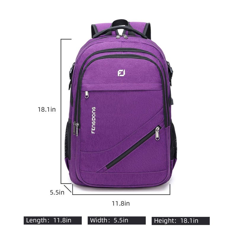 FENGDONG Durable Waterproof Travel Large Laptop Backpack 17.3 inch,College Backpack Bookbag for Men & Women Business Backpack with USB Charging Port and Headset Port Purple - Image 5